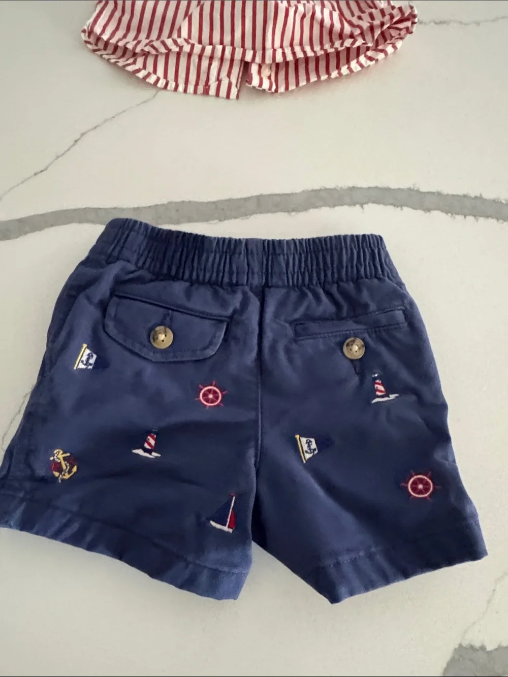 Ralph Lauren Kids Navy Embroidered Nautical Shorts with Red Stripe Shirt